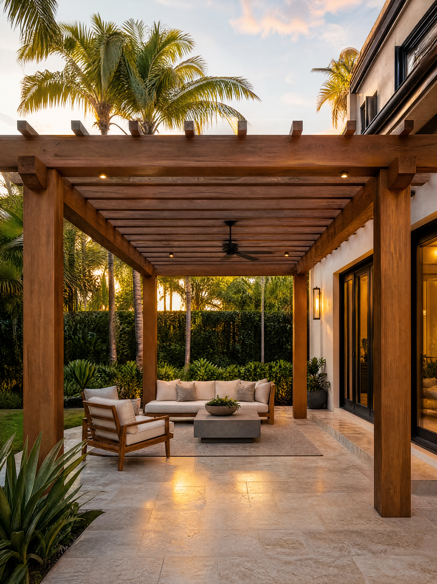 Completed custom wooden pergola with outdoor furniture